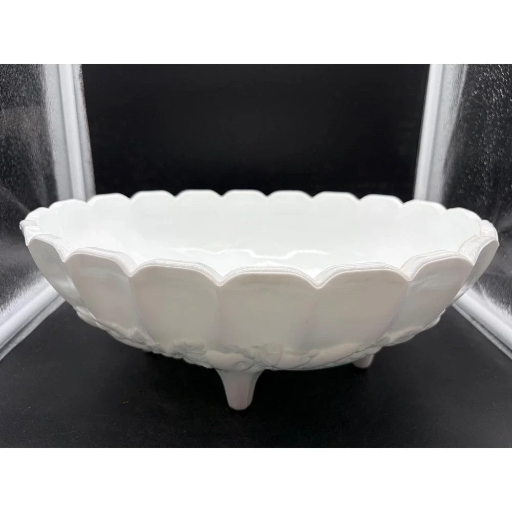 Westmoreland Milk Glass Paneled Grape Footed Fruit Bowl Scalloped Oval 12 Inch